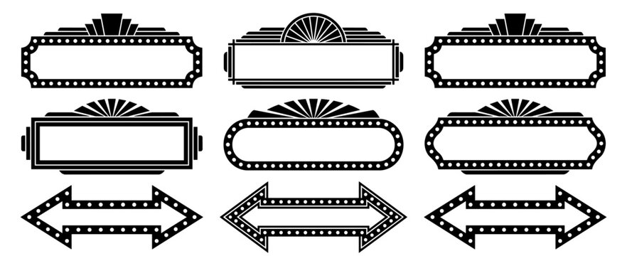 Set of vintage marquee frames and banners, retro signs with border details, text boxes for retro advertising, signposts, and vintage themes