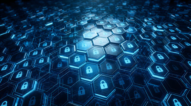 Cybersecurity network hexagonal lock pattern with glowing blue digital connections