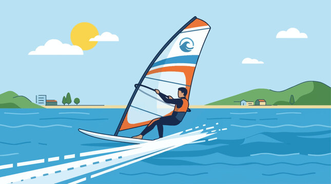 A thrilling flat design illustration featuring a windsurfer expertly gliding across the water with a full sail, embodying speed and freedom. 