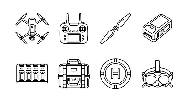 Modern drone equipment line icons, set of 8 quadcopter accessories vectors, professional UAV technology and remote control gear symbols