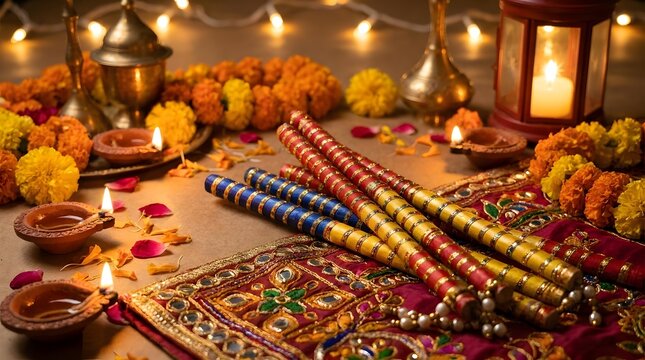 Traditional Dandiya sticks and oil lamps for Navratri festival celebration