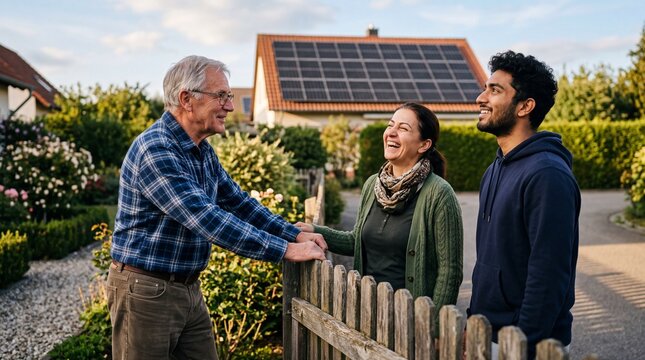 Drei l&auml;chelnde Nachbarn treffen sich am Holzzaun vor einem Haus mit Solaranlage auf dem Dach
