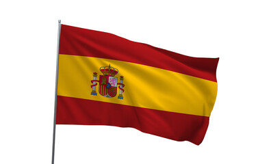 Fototapeta premium The Spanish flag waves gently in the air outdoors on a pole.