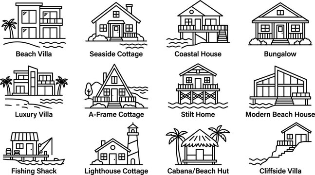 Beach house building line icon collection featuring seaside cottage coastal villa stilt home bungalow and fishing shack illustration
