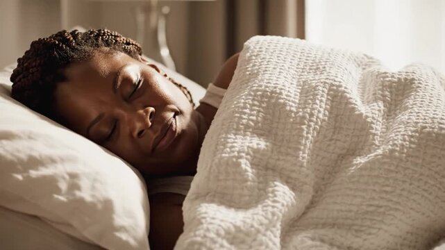 Middle-aged African American woman with dark skin and braided hair sleeping peacefully in bed under a white blanket.
