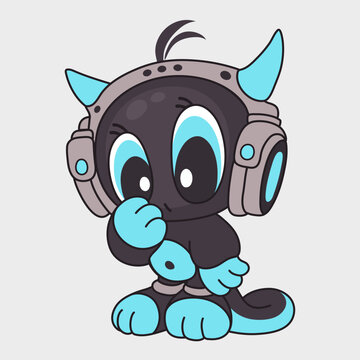 A little cartoon devil with headphones. Funny character. Cartoon character design.