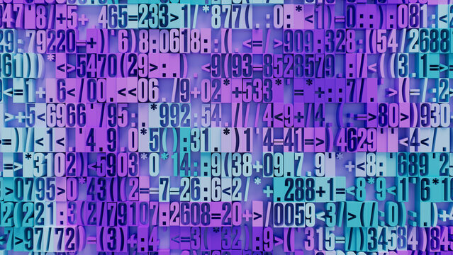 Vibrant Abstract Digital Artwork Featuring Overlapping Geometric Shapes and Numbers in Rich Purple, Blue, and Pink Colors, Perfect for Technology, Education, and Creative Design Projects