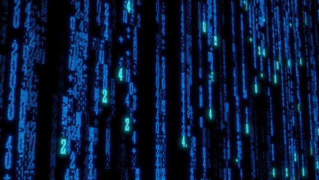 High-Contrast Digital Matrix of Bright Blue and Green Binary Code Characters on Black Background, Ideal for Technology, Data Visualization, and Digital Art Applications