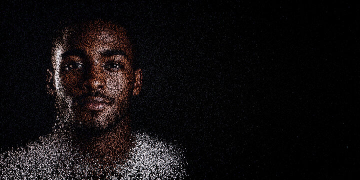 Digital ID Portrait of Caribbean Man with Face made up of Data. Identity wallet Concept with copy-space.