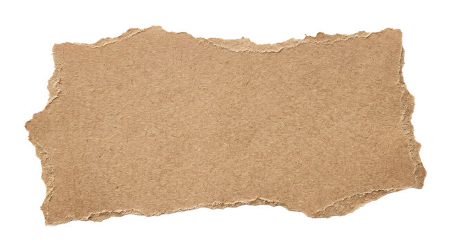 Torn piece of brown cardboard with rough edges on a white background
