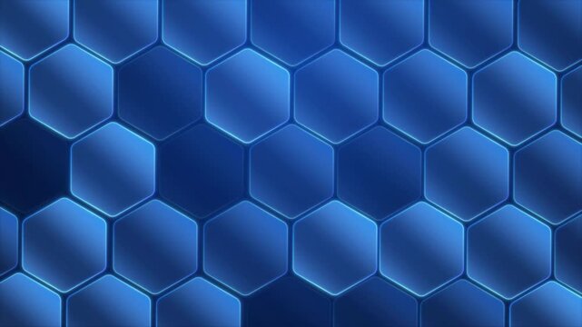 Abstract Futuristic Cyber Technology Grid Background with Glowing Blue Neon Hexagon Cells Motion Graphic Loop Animation.