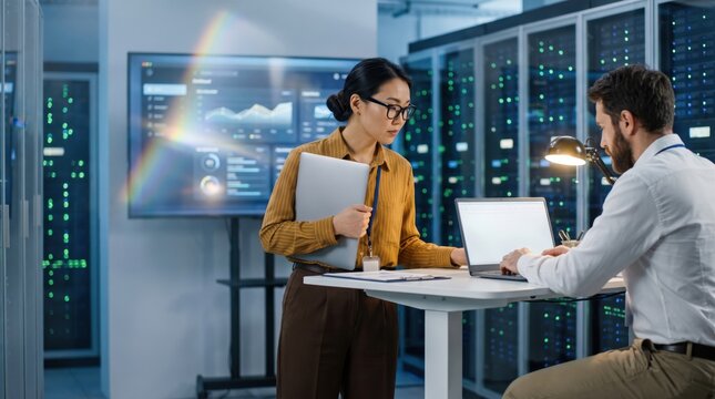 Two IT professionals in a modern data center working with servers and technology.
