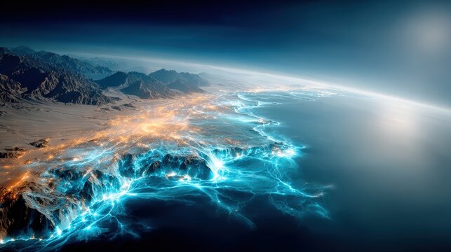 An illuminated coastline stretches into the distance. ..Created with Generative AI, not depicting real subjects.