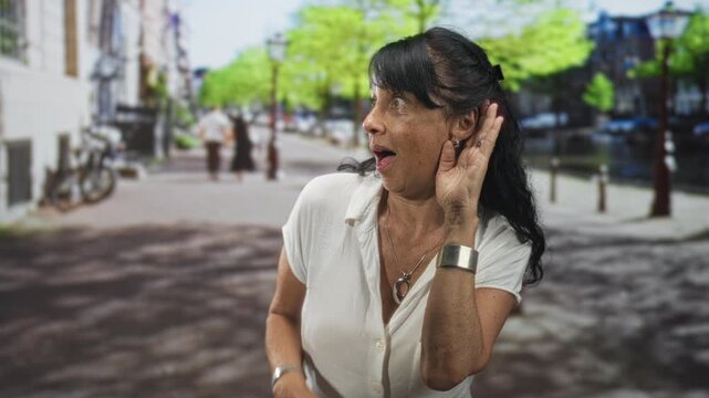 Senior hispanic woman cups hand to ear listening on a city street wearing white blouse and silver cuff bracelet; surprise curiosity.
