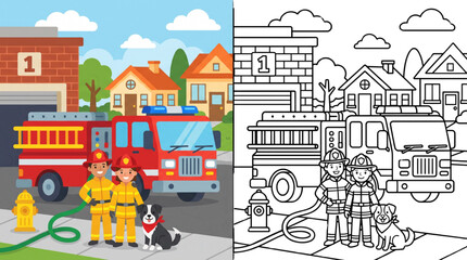Naklejka premium Fire Station Heroes Coloring Book Page for Kids – Firefighters, Fire Truck, Rescue Team Printable Line Art
