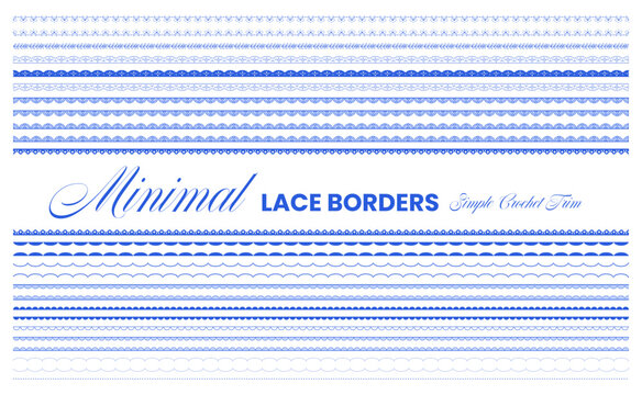 Blue minimal lace border set with scalloped crochet trims, bow accents, floral eyelets, pearl dots on white background for wedding dividers, craft cards, printable stationery label designs.