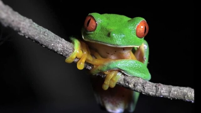 A detailed close up portrait of a colorful red eyed tree frog clinging to a branch against a dark black background