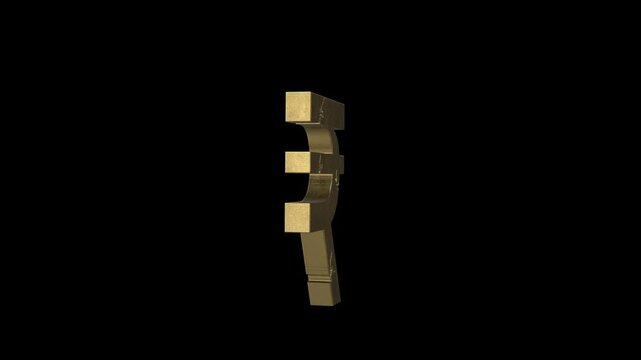 Cracked Gold Indian Rupee Currency Symbol Rotating on an Isolated Black Background, Financial Crisis and Inflation Concept animation.