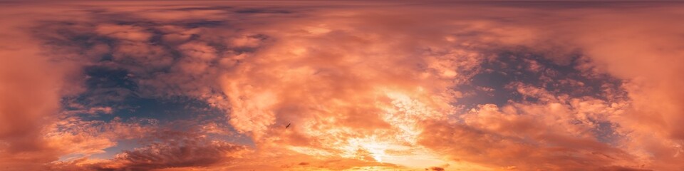 Sunset sky panorama with bright glowing pink Cumulus clouds. HDR 360 seamless spherical panorama. Full zenith or sky dome in 3D, sky replacement for aerial drone panoramas. Climate and weather change. © svetograph