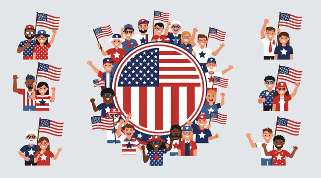 Diverse people celebrating with American flags