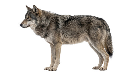 A majestic grey wolf stands alert on a pure white background © Sapphire