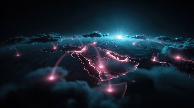 Global network map connecting major cities across the Middle East and North Africa with glowing light trails, representing data transfer. ..Created with Generative AI, not depicting real subjects.