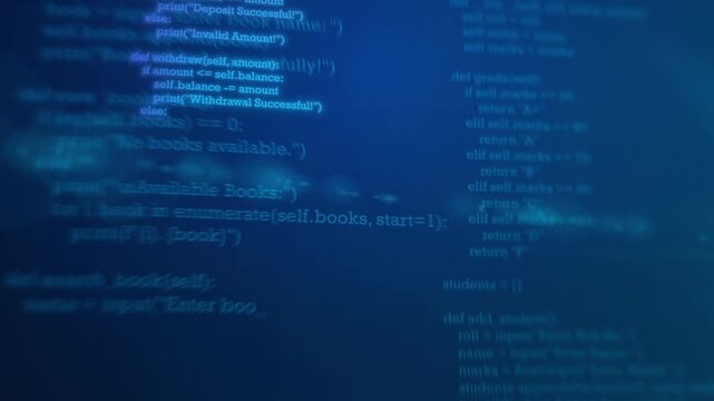 Futuristic Cyber Software Programming Code Script Typing on Screen with Digital Blue Lens Flare Animation Loop.