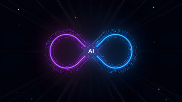 Abstract digital infinity symbol with circuit board patterns in glowing purple and blue neon light on a dark background