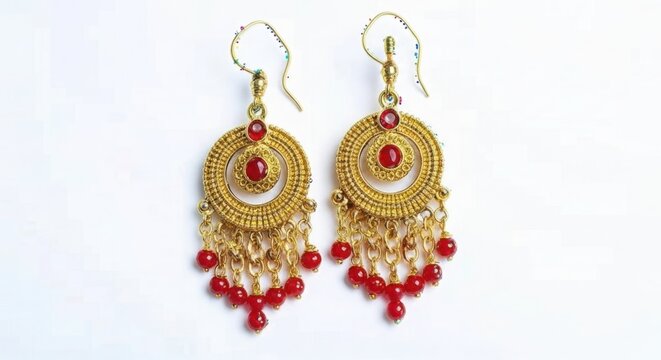 Ornate gold chandelier earrings with red gemstones