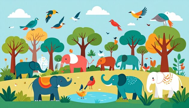 Colorful tropical bird paradise with vibrant wildlife scene.