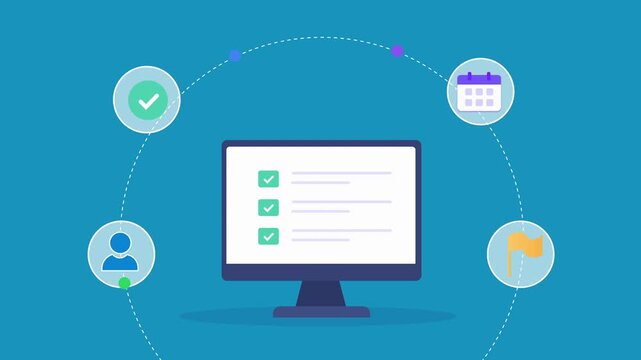 Animated flat vector motion graphic featuring an AI task management dashboard on a desktop monitor with checklist, calendar, user, verification, and notification icons. Ideal for productivity and proj