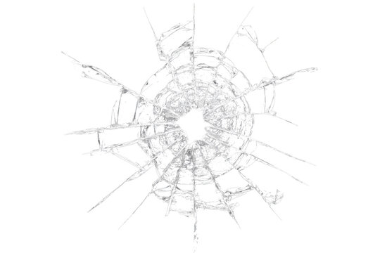 Radial impact damage on shattered glass with central hole, realistic broken screen crack effect isolated on transparent background for photo editing, poster design, action scene or graphic resource.