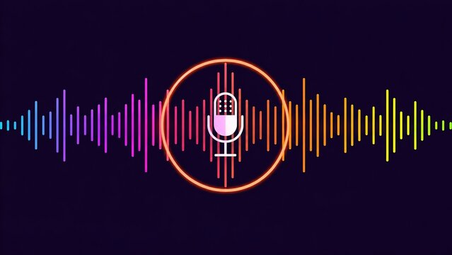 Microphone icon surrounded by colorful sound wave animation on dark background