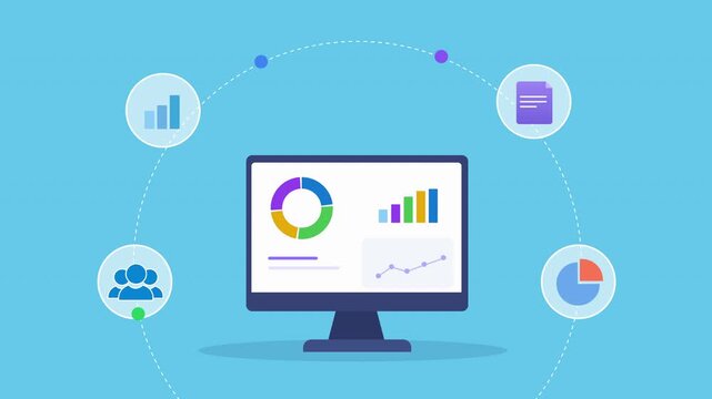 Animated flat vector motion graphic featuring an AI analytics dashboard on a desktop monitor with charts, reports, team, and document icons. Ideal for business intelligence and data visualization conc
