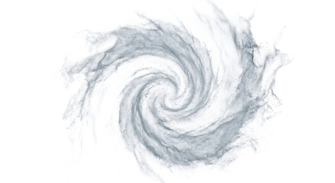 Abstract swirling vortex of dust particles against a white background