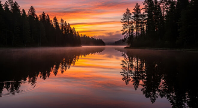 A serene and tranquil landscape of a misty forest lake at sunrise with warm orange and pink skies