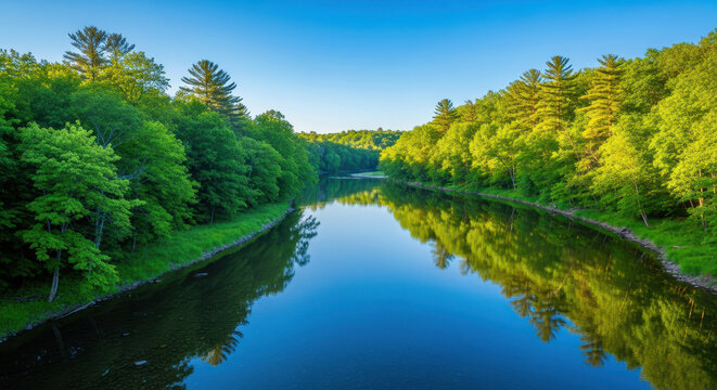 Serene forest landscape with a tranquil river flowing through a dense and lush green forest under