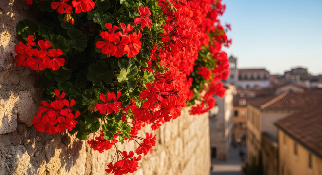 Sunny Morning View of Red Geraniums Growing on an Ancient Stone Wall in a Mediterranean Village