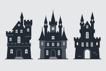 Fototapeta premium Dark gothic medieval castle silhouettes with high spires and majestic stone towers isolated on a light grey background.