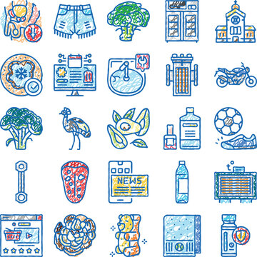 Collection of colorful skribble icons illustrating diverse concepts including food items, technology, maintenance, sports activities, news, health, and everyday objects with a hand drawn effect