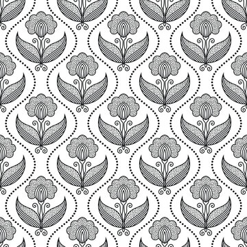 Bohemian monochrome floral ogee seamless pattern