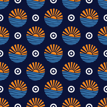 Seamless retro sunset and ocean waves pattern