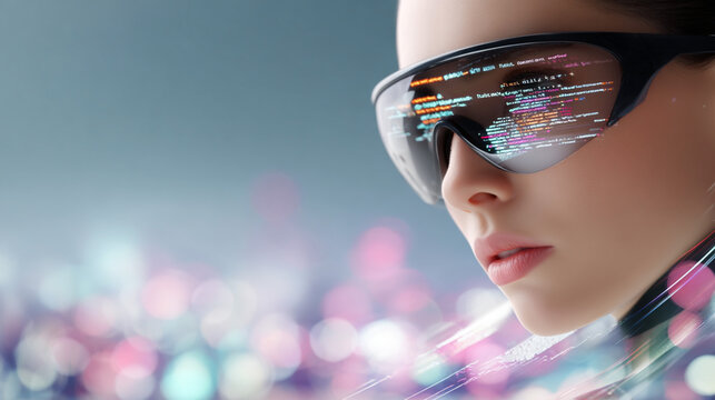 Woman wearing futuristic smart glasses with programming code reflected in visor representing artificial intelligence cybersecurity and software development