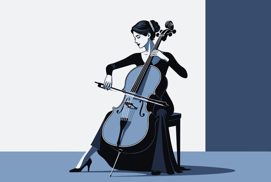 Elegant monochromatic vector illustration of a woman in a dark dress sitting and passionately playing the cello on stage.