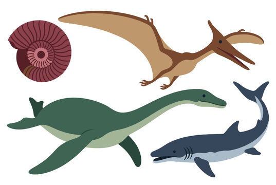 Educational vector illustration of prehistoric creatures including a pterodactyl, plesiosaur, mosasaur, and an ammonite fossil.