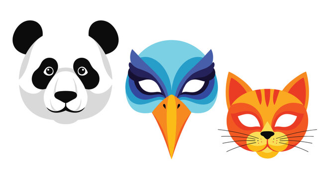 Cute colorful children carnival masks of panda bear, blue bird, and orange tabby cat isolated on white background.