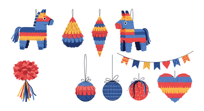Colorful collection of traditional Mexican pinatas, party decorations, paper garlands, and pom-poms isolated on a white background.