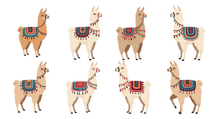 Obraz premium Cute cartoon alpacas and llamas with closed eyes wearing colorful decorative necklaces and traditional saddle blankets.