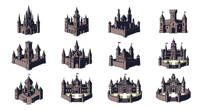 Isometric pixel art collection of medieval fantasy castles and fortress strongholds isolated on a white background.