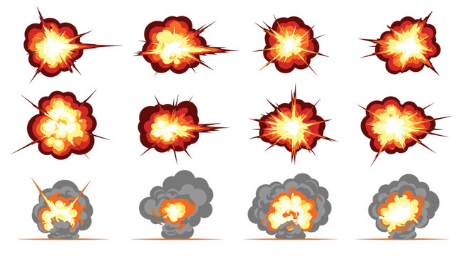 Collection of animated explosion effects and smoke cloud frames for game development isolated on white background.